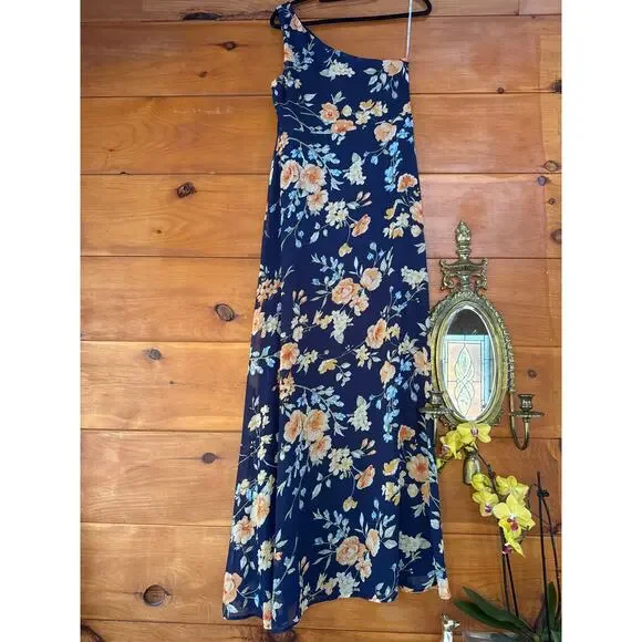 Lulus Elegant Admiration Navy Blue Floral One-Shoulder Maxi Dress Party Medium - Picture 4 of 7